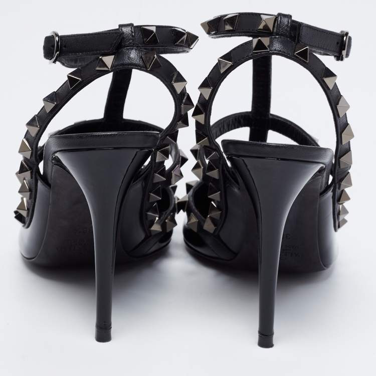 Pre Owned Valentino Black Patent and Leather Rockstud Ankle Strap Pumps Size 38.5
