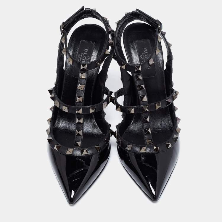 Pre Owned Valentino Black Patent and Leather Rockstud Ankle Strap Pumps Size 38.5