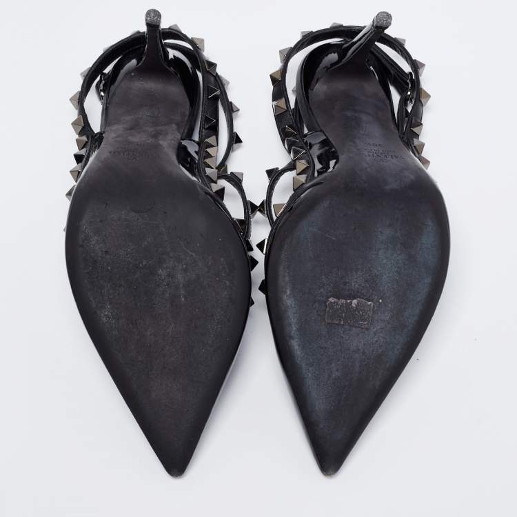 Pre Owned Valentino Black Patent and Leather Rockstud Ankle Strap Pumps Size 38.5