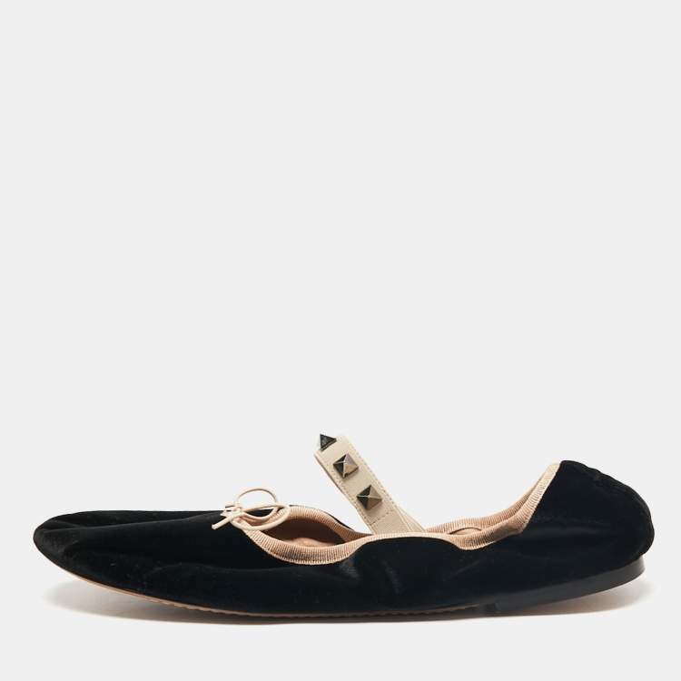 Valentino Black Velvet Rockstud Scrunch Mary Jane Ballet Flats