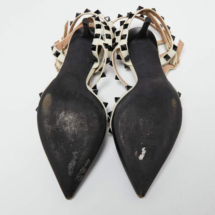 Pre Owned Valentino Black/Off-White Leather Rockstud Ankle Strap Pumps Size 37.5