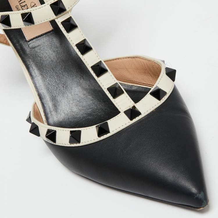 Pre Owned Valentino Black/Off-White Leather Rockstud Ankle Strap Pumps Size 37.5