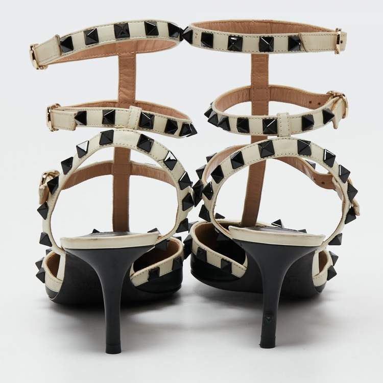 Pre Owned Valentino Black/Off-White Leather Rockstud Ankle Strap Pumps Size 37.5