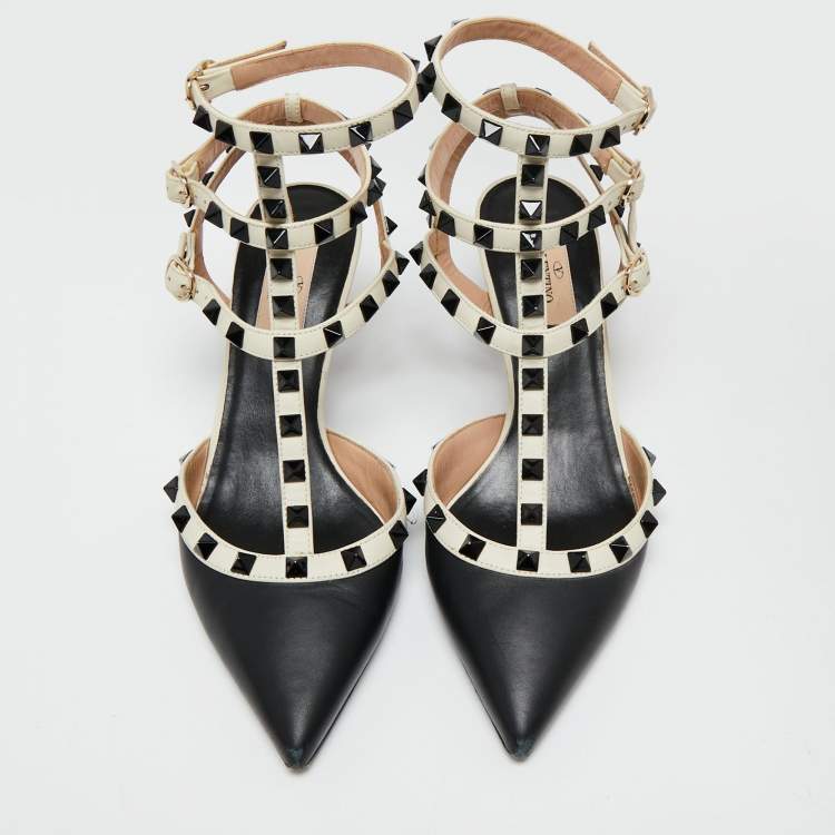 Pre Owned Valentino Black/Off-White Leather Rockstud Ankle Strap Pumps Size 37.5