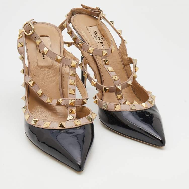 Pre Owned Valentino Black/Beige Patent and Leather Rockstud Ankle Strap Pumps Size 40