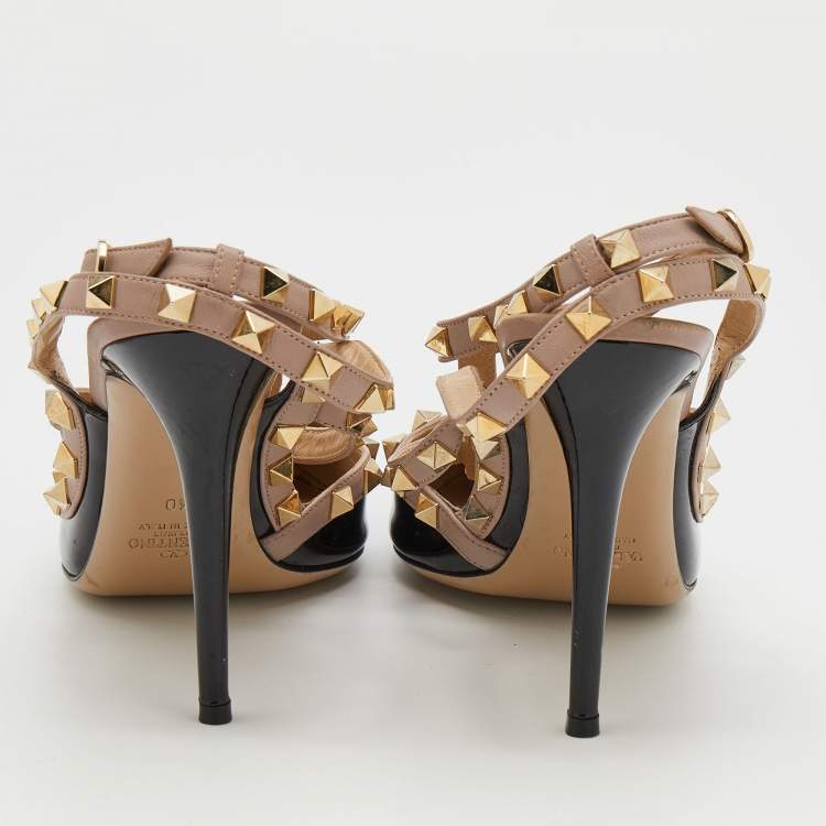 Pre Owned Valentino Black/Beige Patent and Leather Rockstud Ankle Strap Pumps Size 40