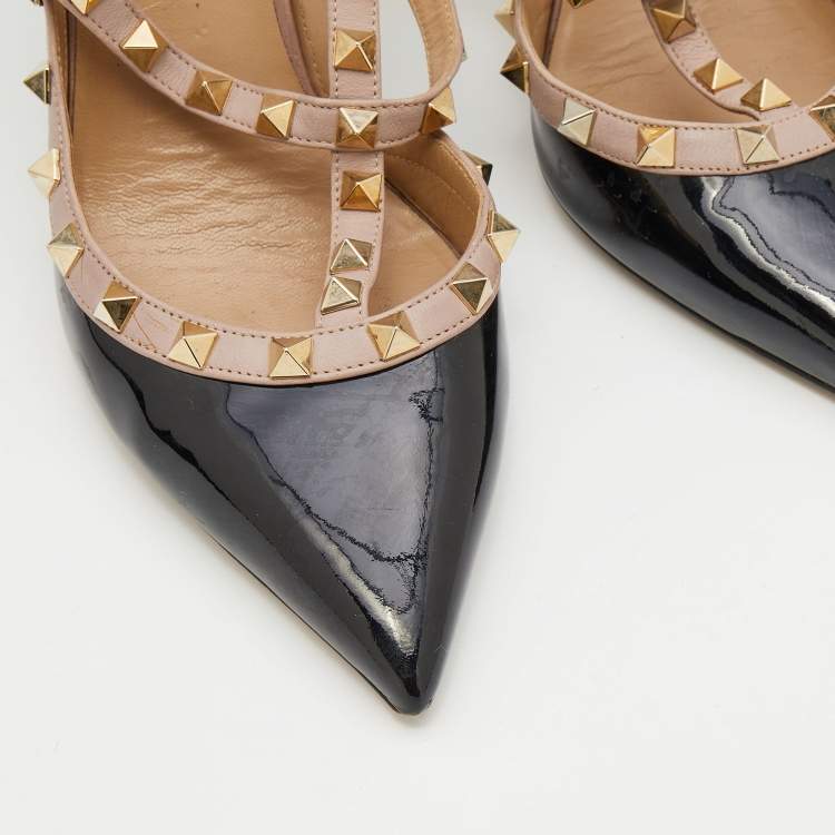 Pre Owned Valentino Black/Beige Patent and Leather Rockstud Ankle Strap Pumps Size 40