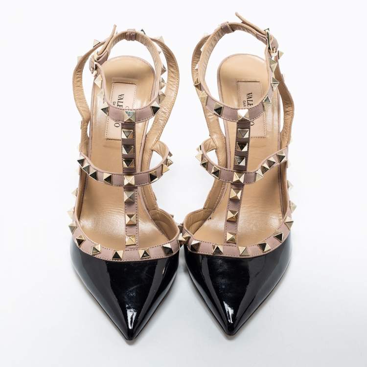 Pre Owned Valentino Black Patent Leather Rockstud Ankle-Strap Pumps Size 38.5