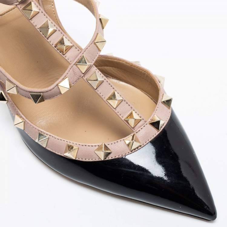 Pre Owned Valentino Black Patent Leather Rockstud Ankle-Strap Pumps Size 38.5