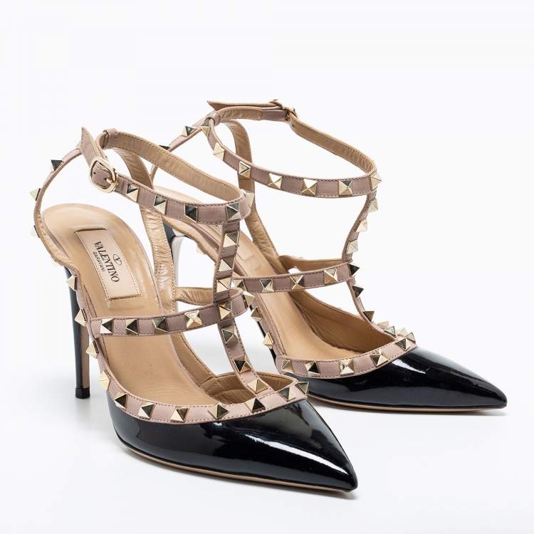 Pre Owned Valentino Black Patent Leather Rockstud Ankle-Strap Pumps Size 38.5