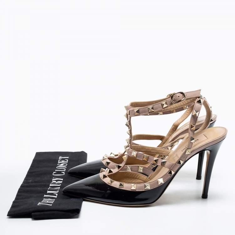 Pre Owned Valentino Black Patent Leather Rockstud Ankle-Strap Pumps Size 38.5