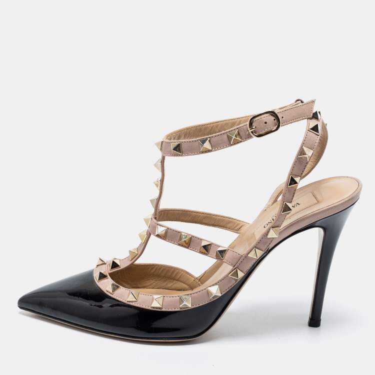 Pre Owned Valentino Black Patent Leather Rockstud Ankle-Strap Pumps Size 38.5