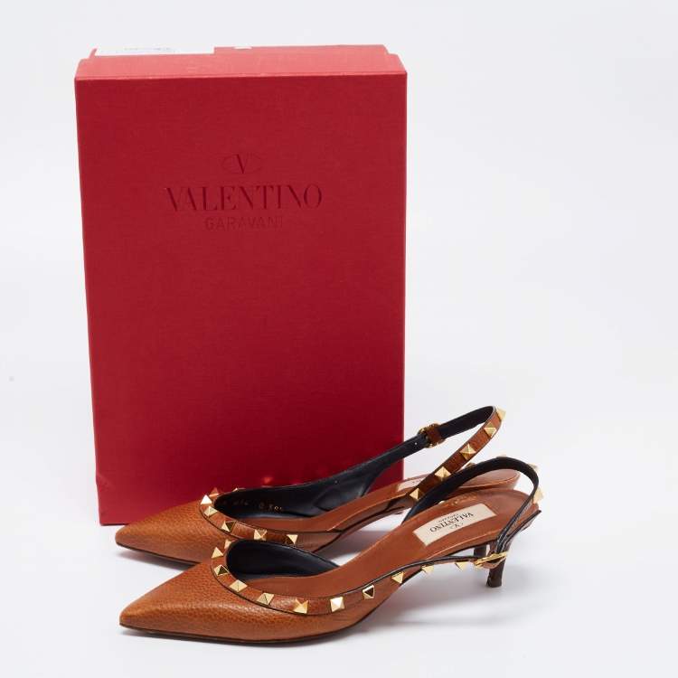 Pre Owned Valentino Brown Leather Rockstud Slingback Pumps Size 38.5