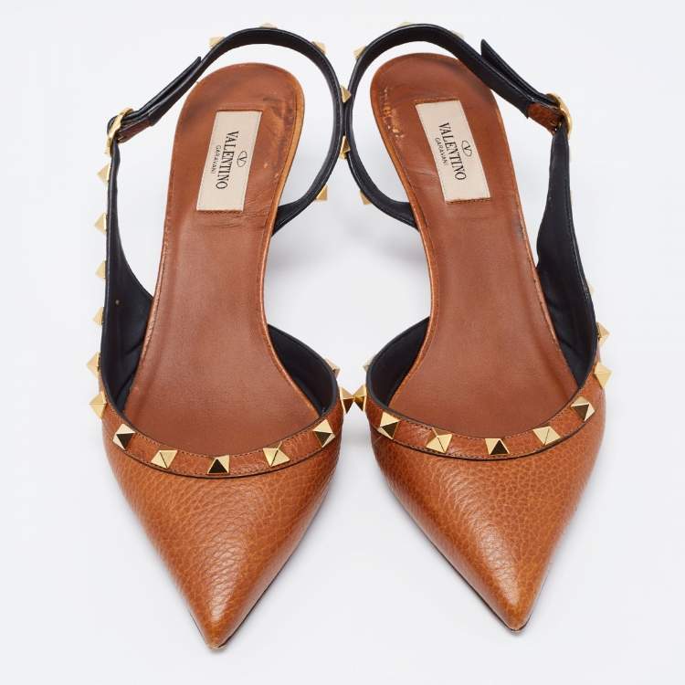 Pre Owned Valentino Brown Leather Rockstud Slingback Pumps Size 38.5