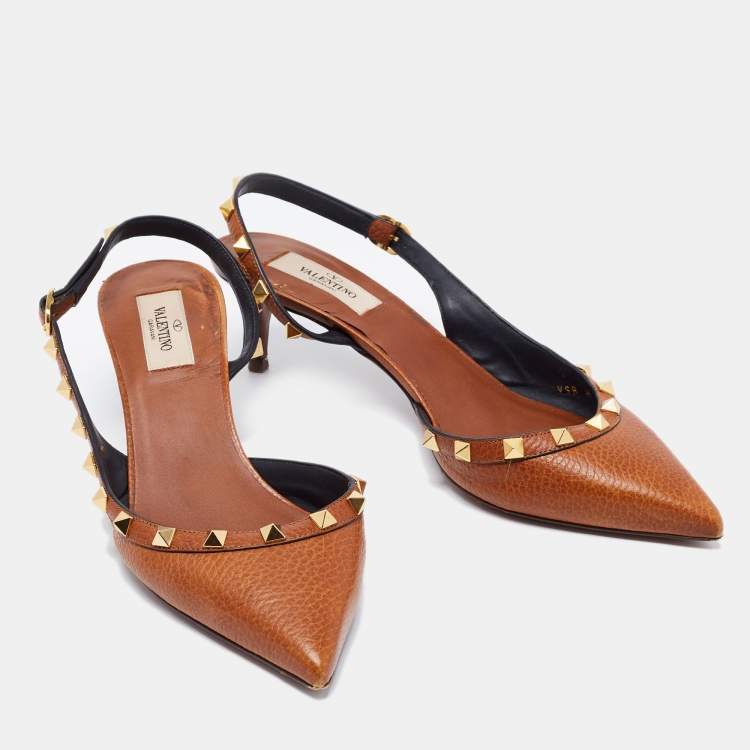 Pre Owned Valentino Brown Leather Rockstud Slingback Pumps Size 38.5