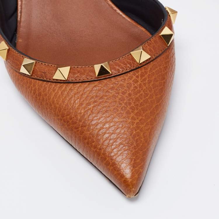 Pre Owned Valentino Brown Leather Rockstud Slingback Pumps Size 38.5