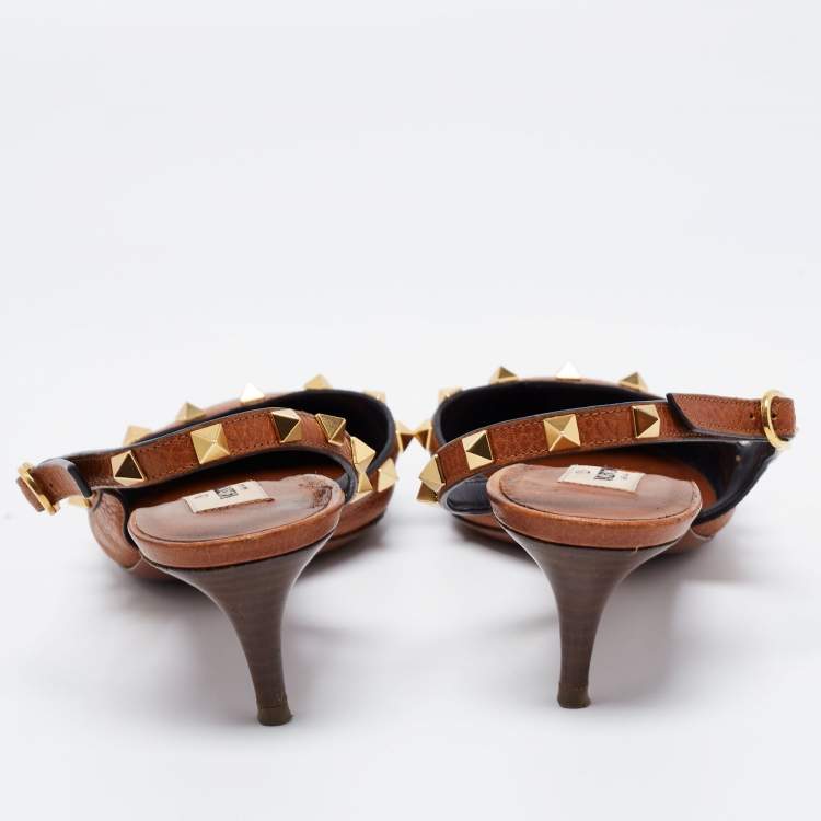 Pre Owned Valentino Brown Leather Rockstud Slingback Pumps Size 38.5