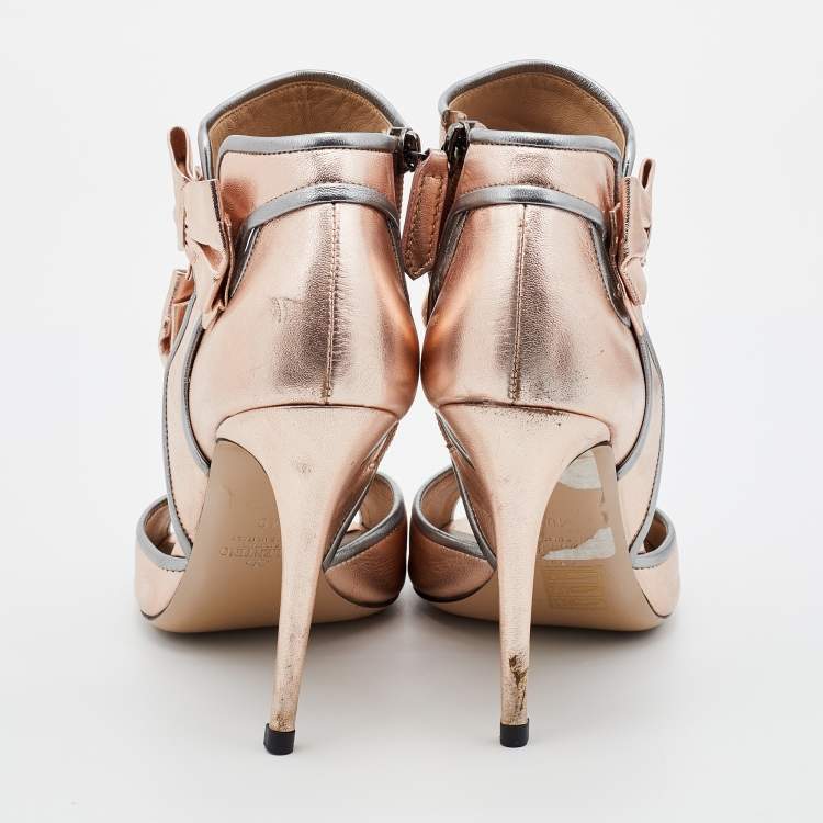 Pre Owned Valentino Metallic Pink/Grey Leather Bow Open Toe Ankle Strap Sandals Size 40