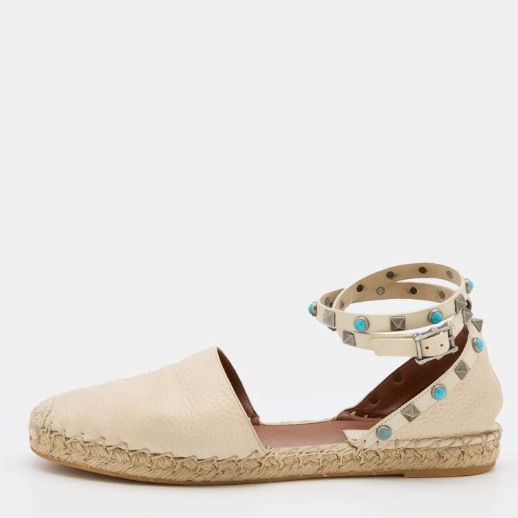Pre Owned Valentino Off White Leather Rolling Rockstud Ankle Espadrille Flats Size 38