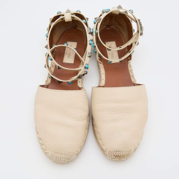Pre Owned Valentino Off White Leather Rolling Rockstud Ankle Espadrille Flats Size 38