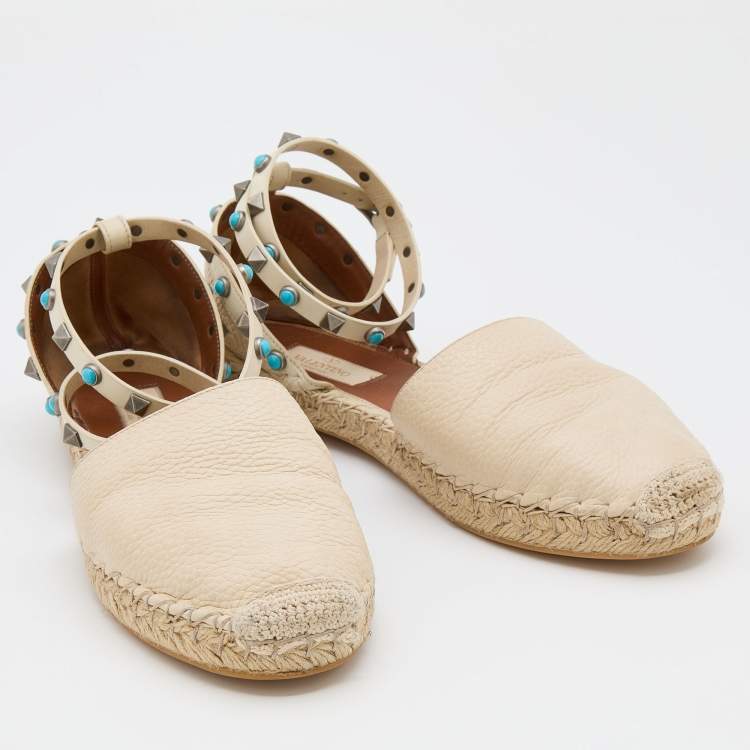Pre Owned Valentino Off White Leather Rolling Rockstud Ankle Espadrille Flats Size 38