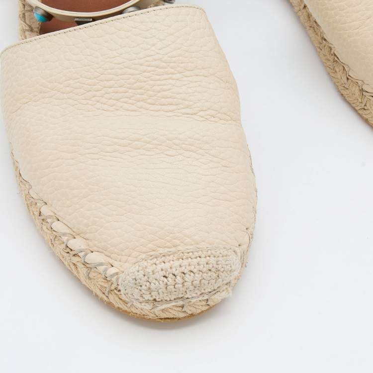 Pre Owned Valentino Off White Leather Rolling Rockstud Ankle Espadrille Flats Size 38