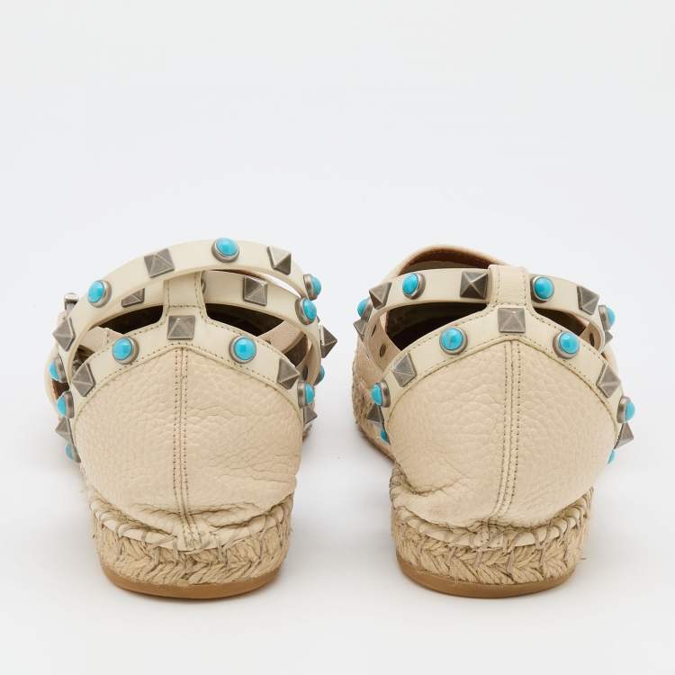 Pre Owned Valentino Off White Leather Rolling Rockstud Ankle Espadrille Flats Size 38