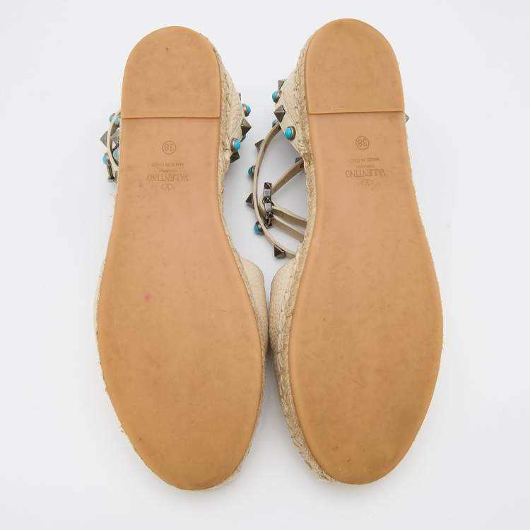 Pre Owned Valentino Off White Leather Rolling Rockstud Ankle Espadrille Flats Size 38