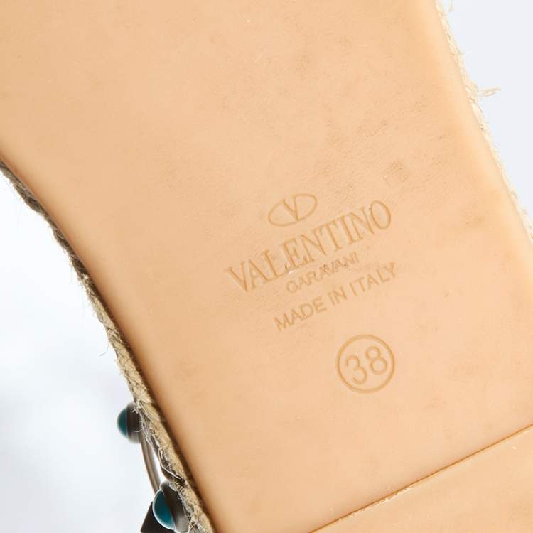 Pre Owned Valentino Off White Leather Rolling Rockstud Ankle Espadrille Flats Size 38