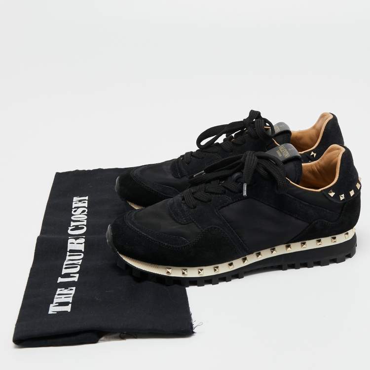 Pre Owned Valentino Black Suede and Camouflage Fabric Rockstud Low Top Sneakers Size 35