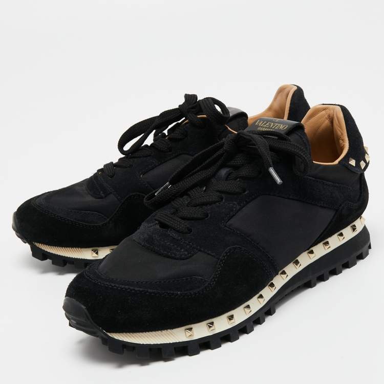 Pre Owned Valentino Black Suede and Camouflage Fabric Rockstud Low Top Sneakers Size 35