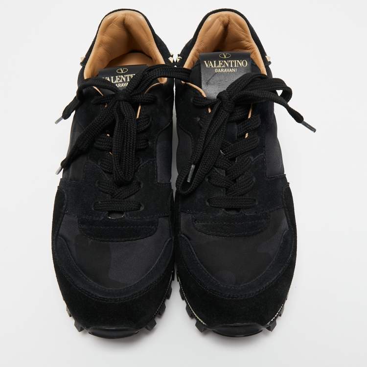 Pre Owned Valentino Black Suede and Camouflage Fabric Rockstud Low Top Sneakers Size 35