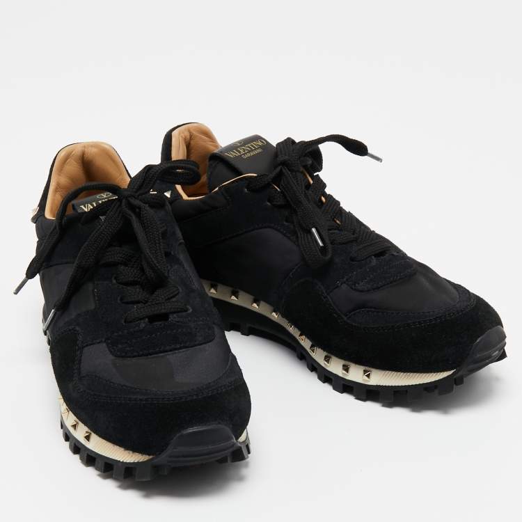 Pre Owned Valentino Black Suede and Camouflage Fabric Rockstud Low Top Sneakers Size 35