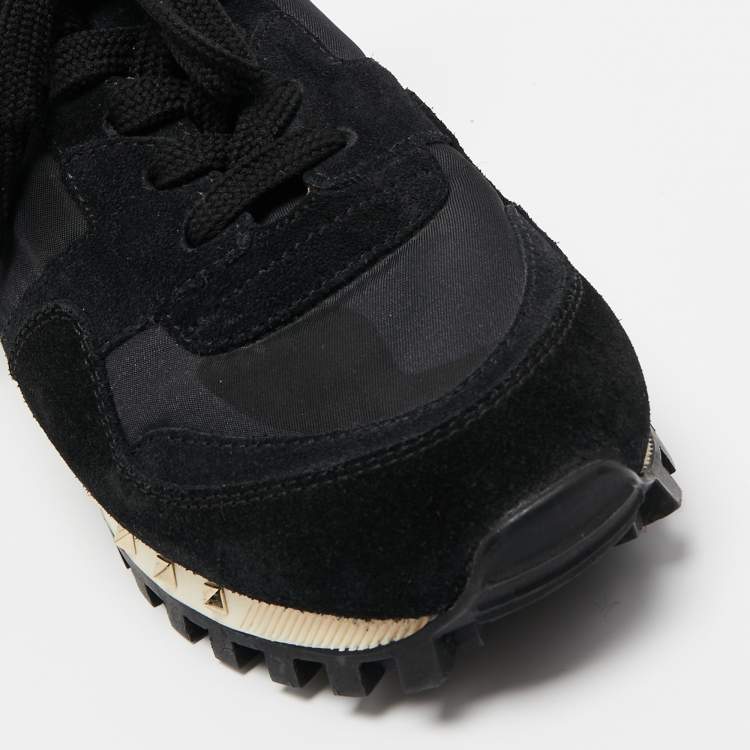 Pre Owned Valentino Black Suede and Camouflage Fabric Rockstud Low Top Sneakers Size 35