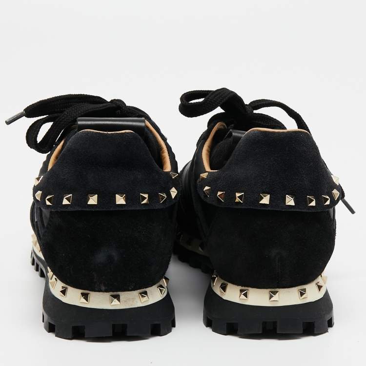 Pre Owned Valentino Black Suede and Camouflage Fabric Rockstud Low Top Sneakers Size 35
