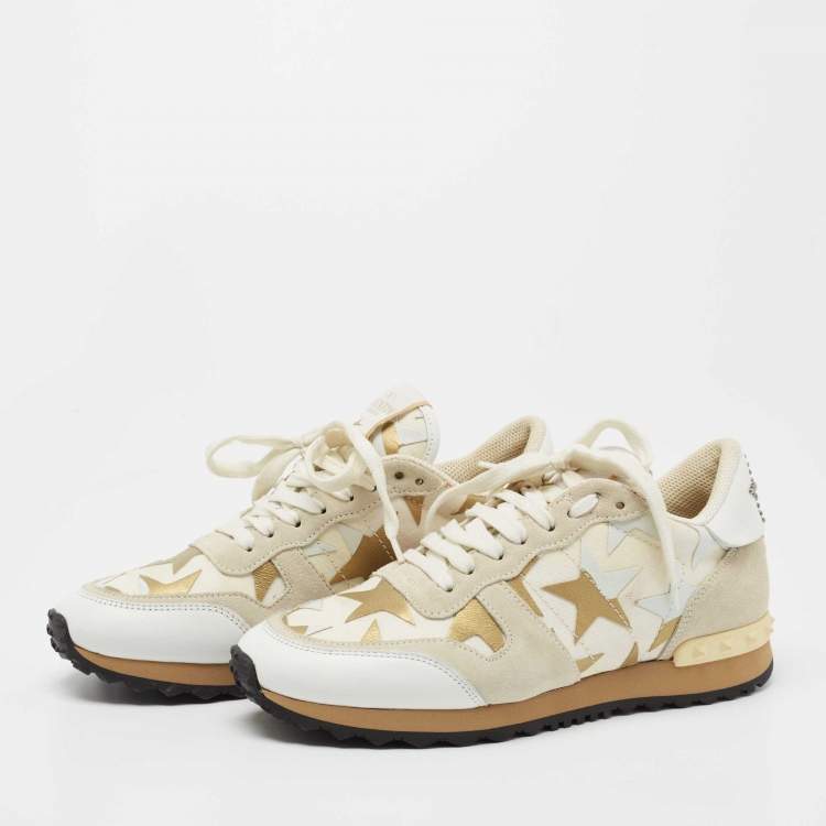 Pre Owned Valentino White Leather and Canvas Star Studded Low Top Sneakers Size 38.5