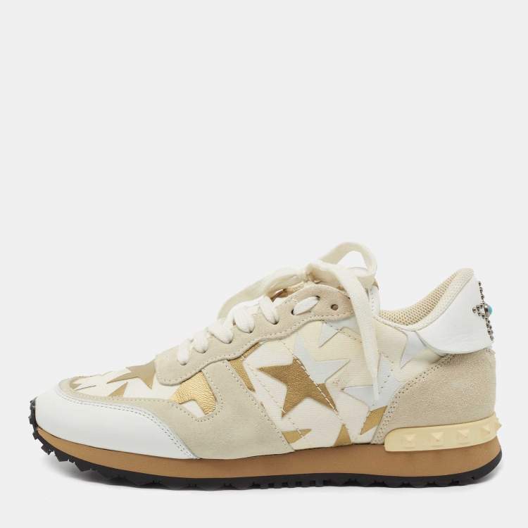 Pre Owned Valentino White Leather and Canvas Star Studded Low Top Sneakers Size 38.5