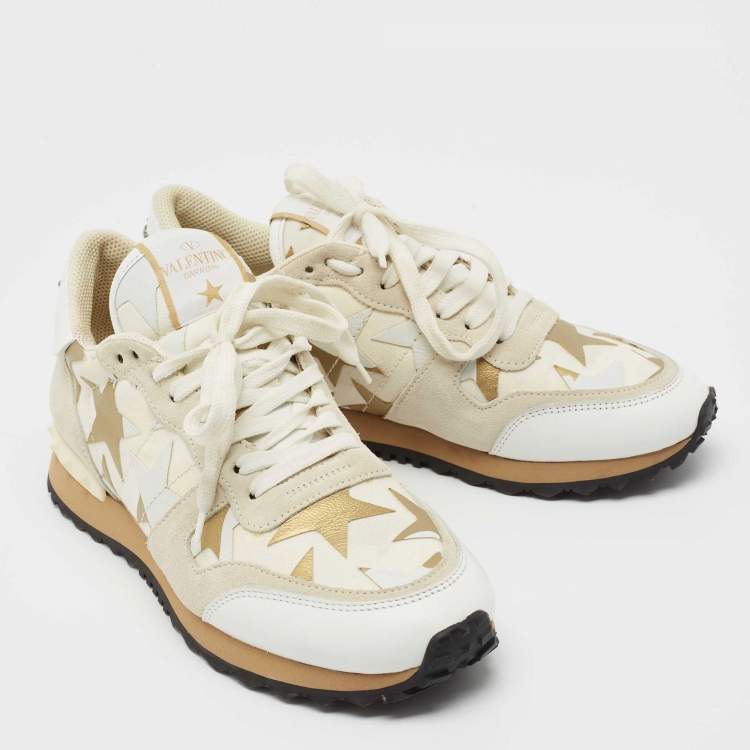 Pre Owned Valentino White Leather and Canvas Star Studded Low Top Sneakers Size 38.5