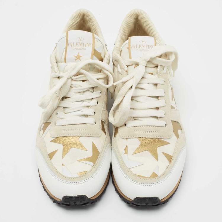 Pre Owned Valentino White Leather and Canvas Star Studded Low Top Sneakers Size 38.5