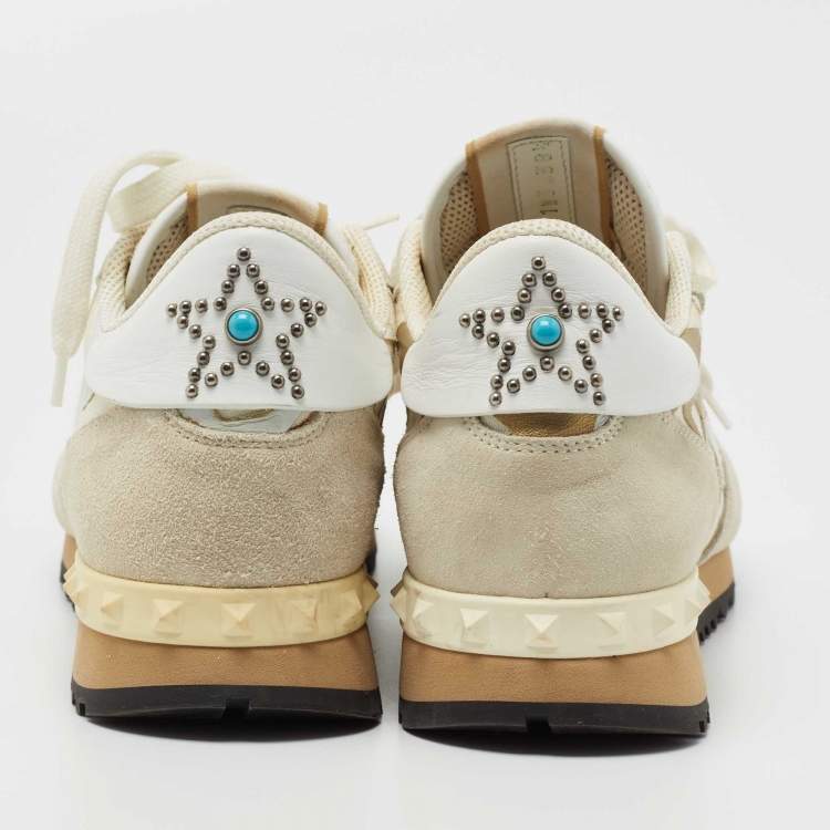 Pre Owned Valentino White Leather and Canvas Star Studded Low Top Sneakers Size 38.5