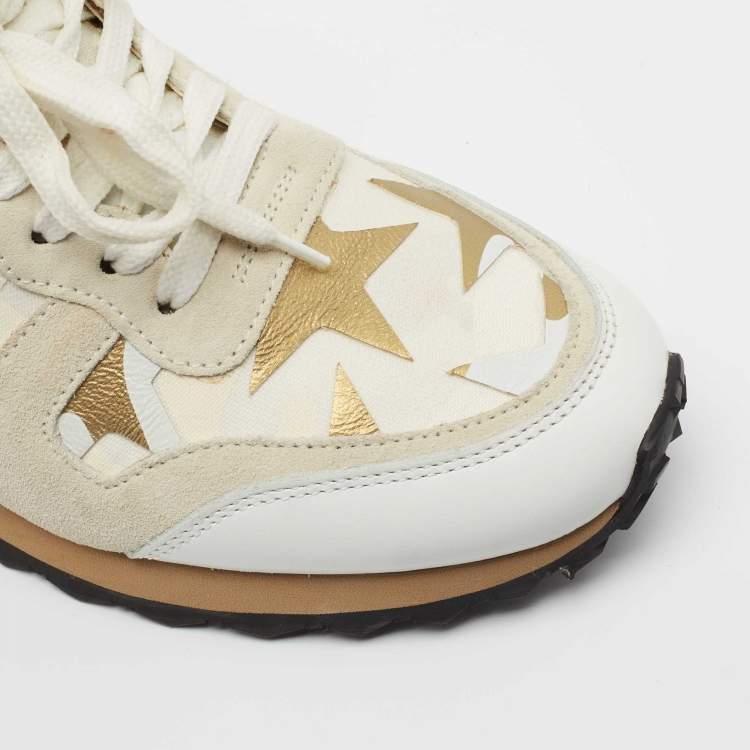 Pre Owned Valentino White Leather and Canvas Star Studded Low Top Sneakers Size 38.5