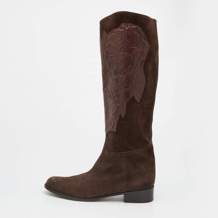 Pre Owned Valentino Brown Suede and Leather Knee Length Boots Size 38