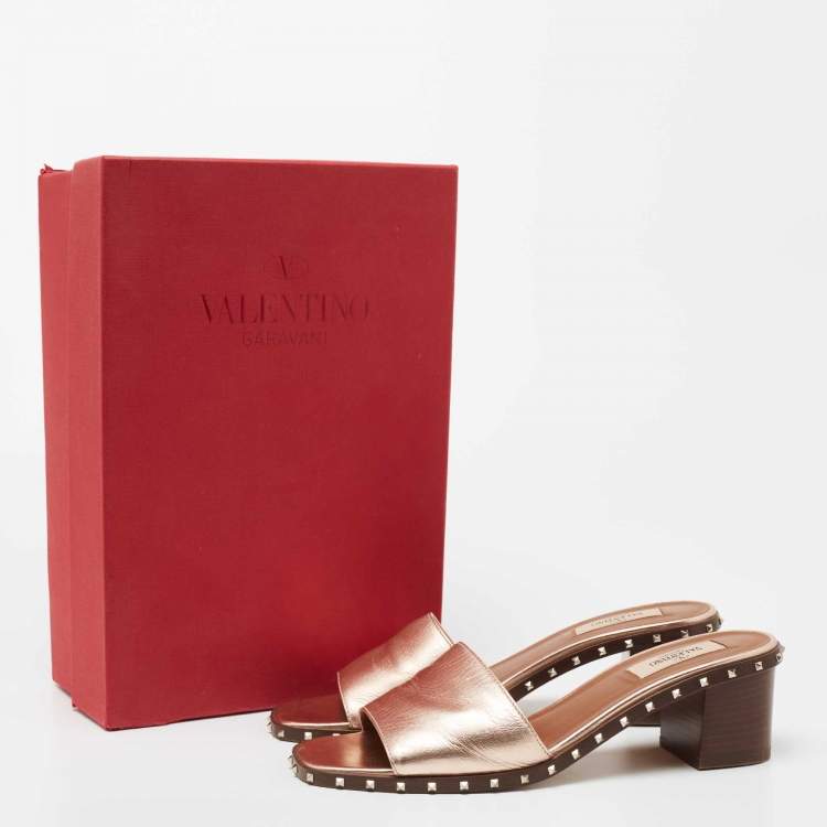 Pre Owned Valentino Metallic Bronze Leather Rockstud  Slide Sandals Size 38.5