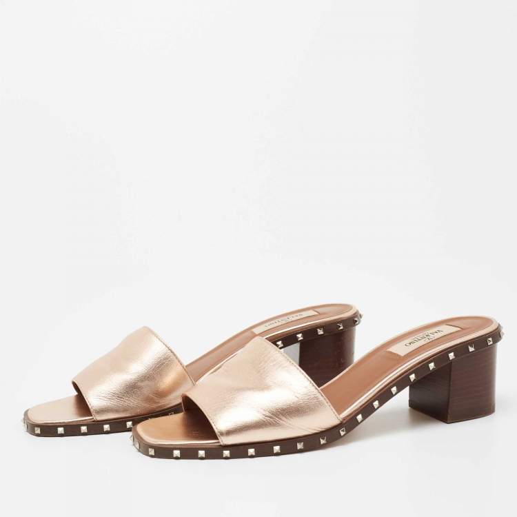 Pre Owned Valentino Metallic Bronze Leather Rockstud  Slide Sandals Size 38.5