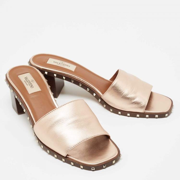 Pre Owned Valentino Metallic Bronze Leather Rockstud  Slide Sandals Size 38.5
