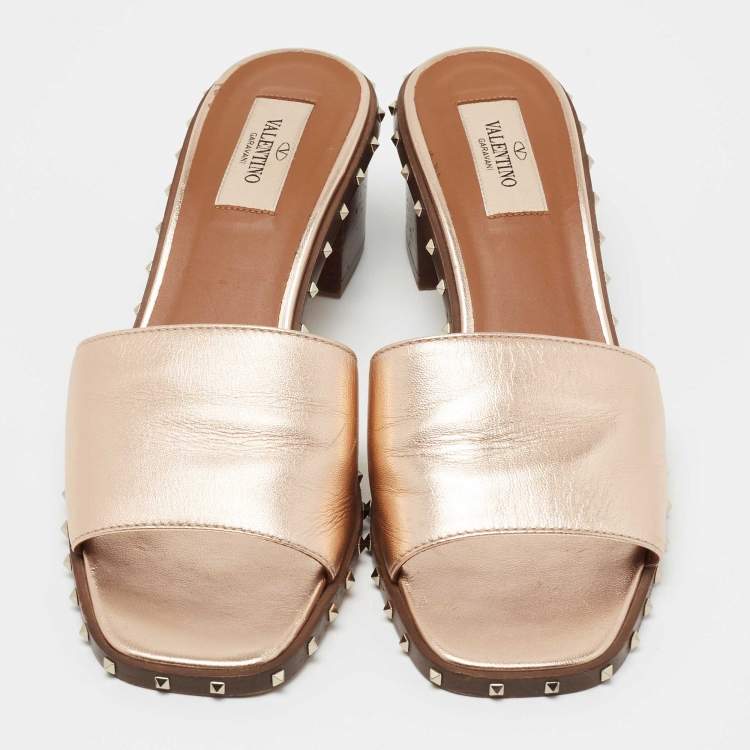 Pre Owned Valentino Metallic Bronze Leather Rockstud  Slide Sandals Size 38.5