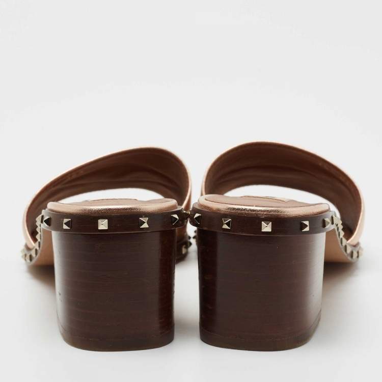 Pre Owned Valentino Metallic Bronze Leather Rockstud  Slide Sandals Size 38.5