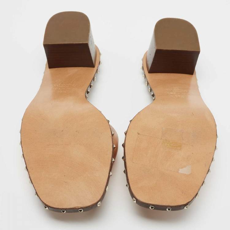 Pre Owned Valentino Metallic Bronze Leather Rockstud  Slide Sandals Size 38.5