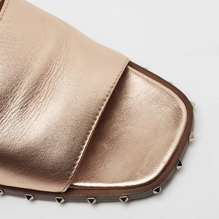 Pre Owned Valentino Metallic Bronze Leather Rockstud  Slide Sandals Size 38.5