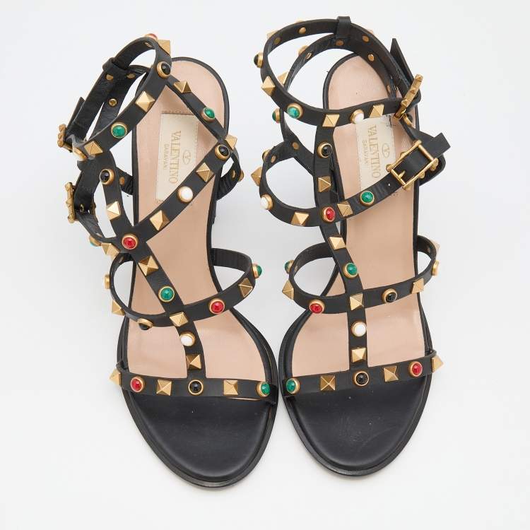 Pre Owned Valentino Black Leather Rolling Rockstud Sandals Size 38